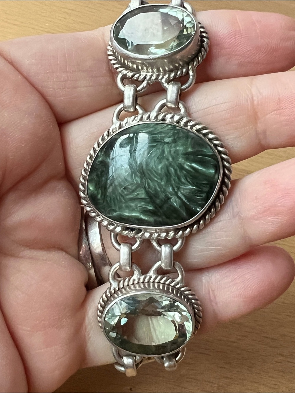 VINTAGE HUGE RUSSIAN SERAPHINITE PRASIOLITE GREEN AMETHYST 925STERLING BRACELET